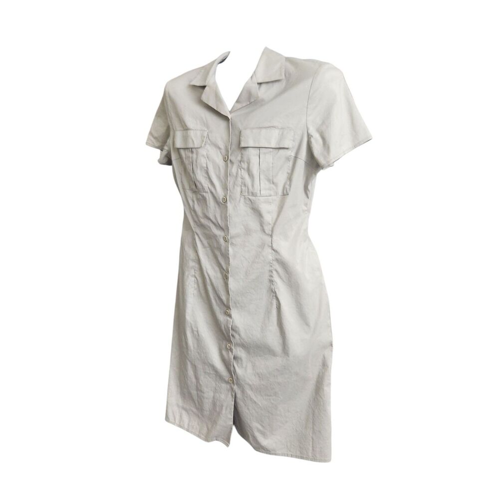Lola Beige Tailored Shirt Dress 38-Full Button-Chest Pockets-Utility-1940s Vibe